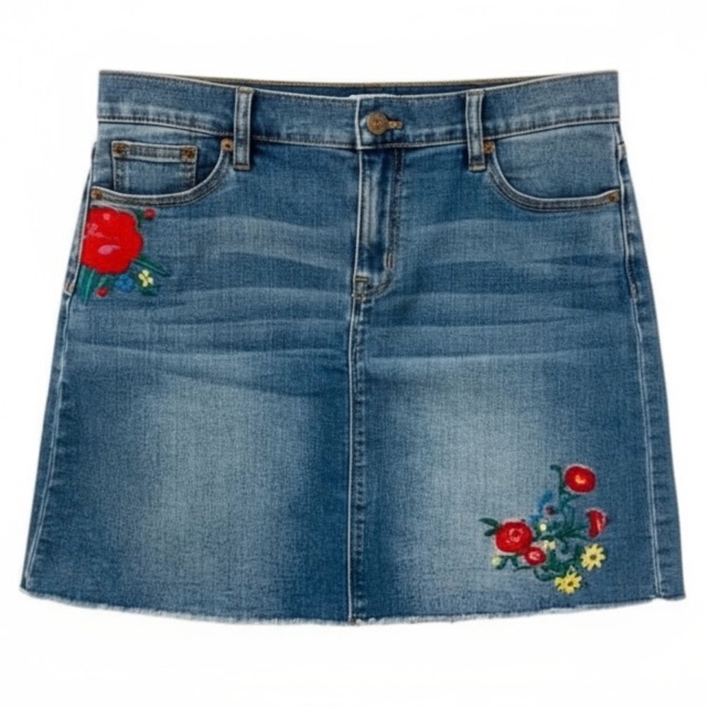 J. Crew Blue Denim Mini Skirt with Red Floral Embroidery - Picture 4 of 6